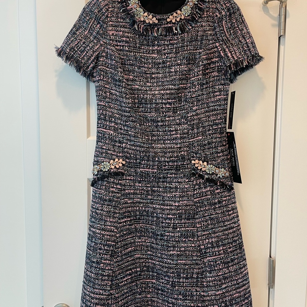 Teri Jon: Elegant Tweed Dress with Pink Accents